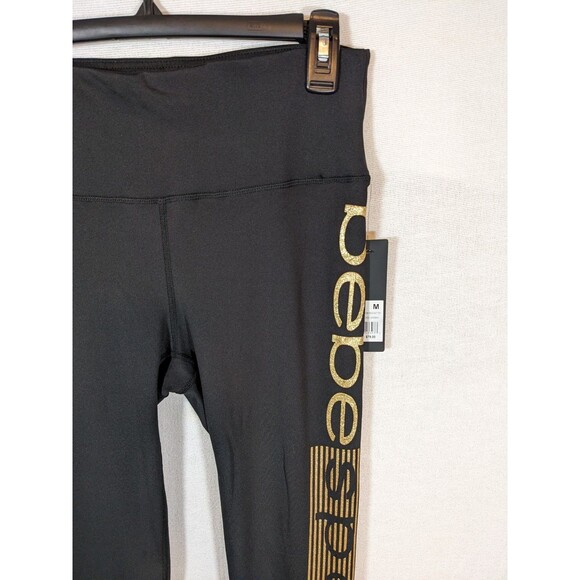 NWT Bebe Sport Logo Leggings Women’s Medium Black Sport Sparkling Gold Logo - Picture 2 of 10